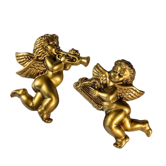 Unknown Other - Vintage Gold Hard Foam Musical Cupid Wall Plaques Set Of 2 Hollywood Regency